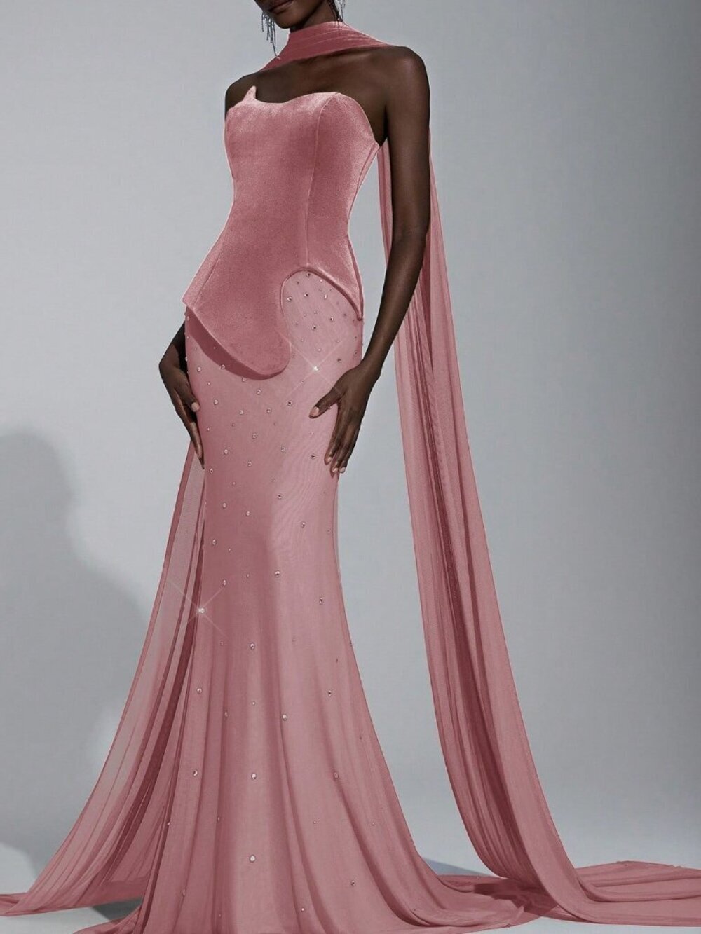 Dusty Pink Velvet Party Women's Fishtail Evening Gown - Picture 7 of 7